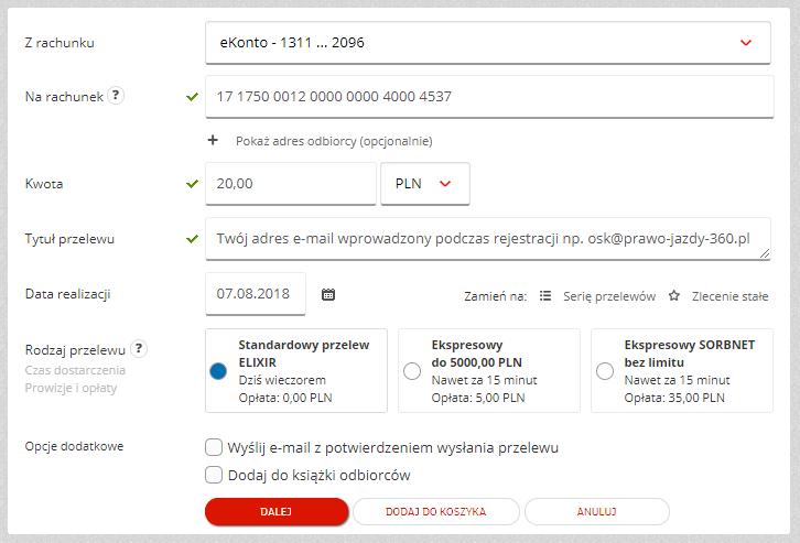 Wzór uzupełnionego przelewu bankowego umożliwiający wykupienie dostęp do oficjalnych testów na prawo jazdy